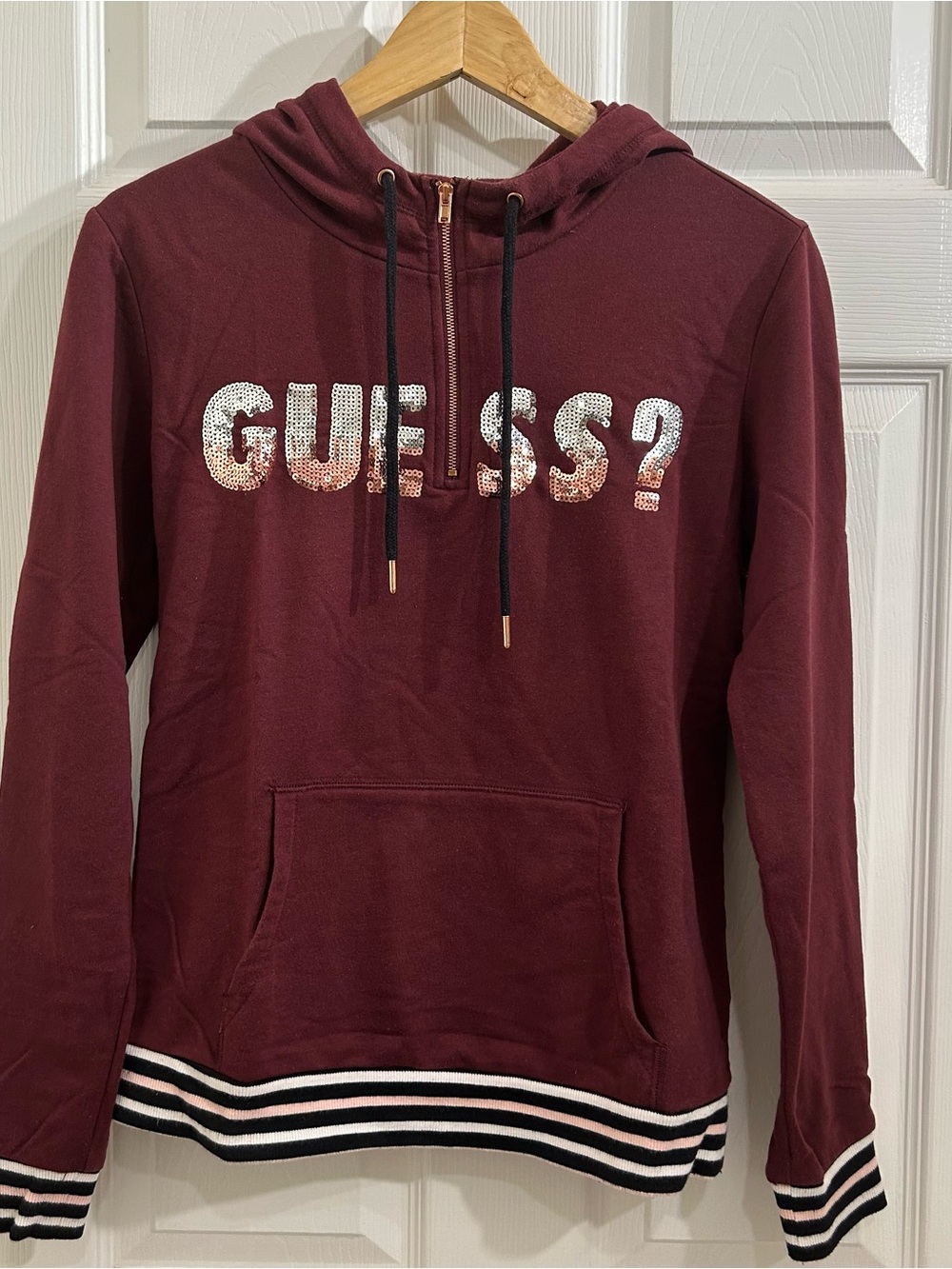 Guess Vintage-Style Burgundy Hoodie with Stripe Hem
